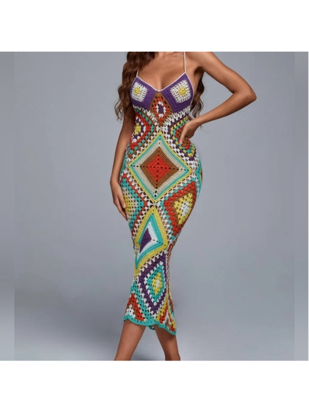 Bella Barnett Multicolor Crochet Maxi Dress Large 10/12 - Picture 8 of 13